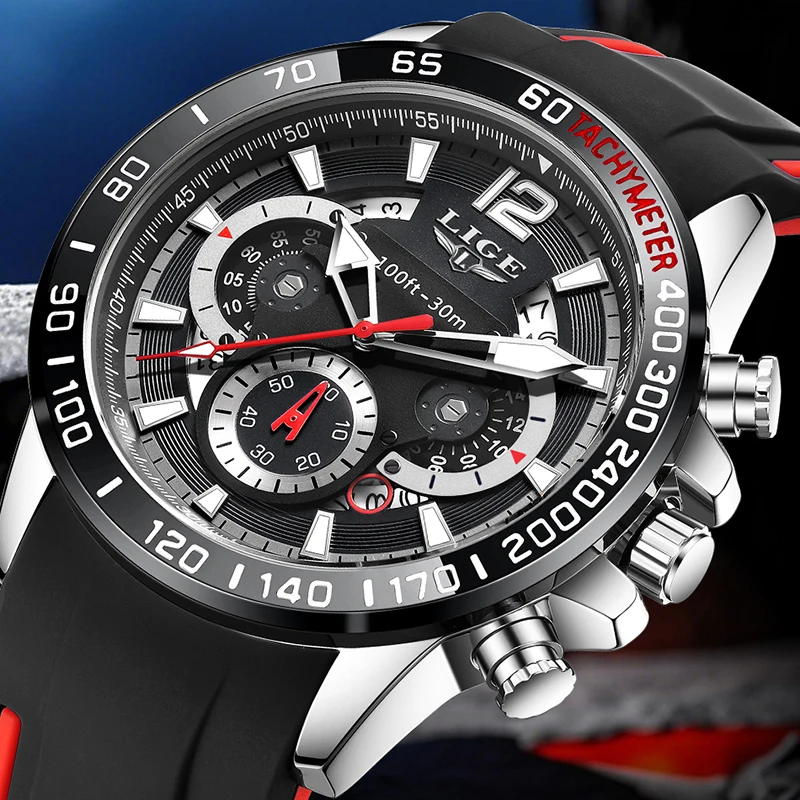 

LIGE Business Men's watches Calendar Waterproof Silicone Tape Fashion quartz wristwatch Luminous Watches male relogios masculino