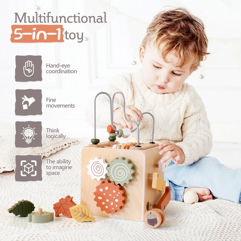 Montessori Toy Wood Geometric Leaf Shape Blocks Sorter Sorting Cube Box Building Block Educational Toy For Toddler Preschool Kid