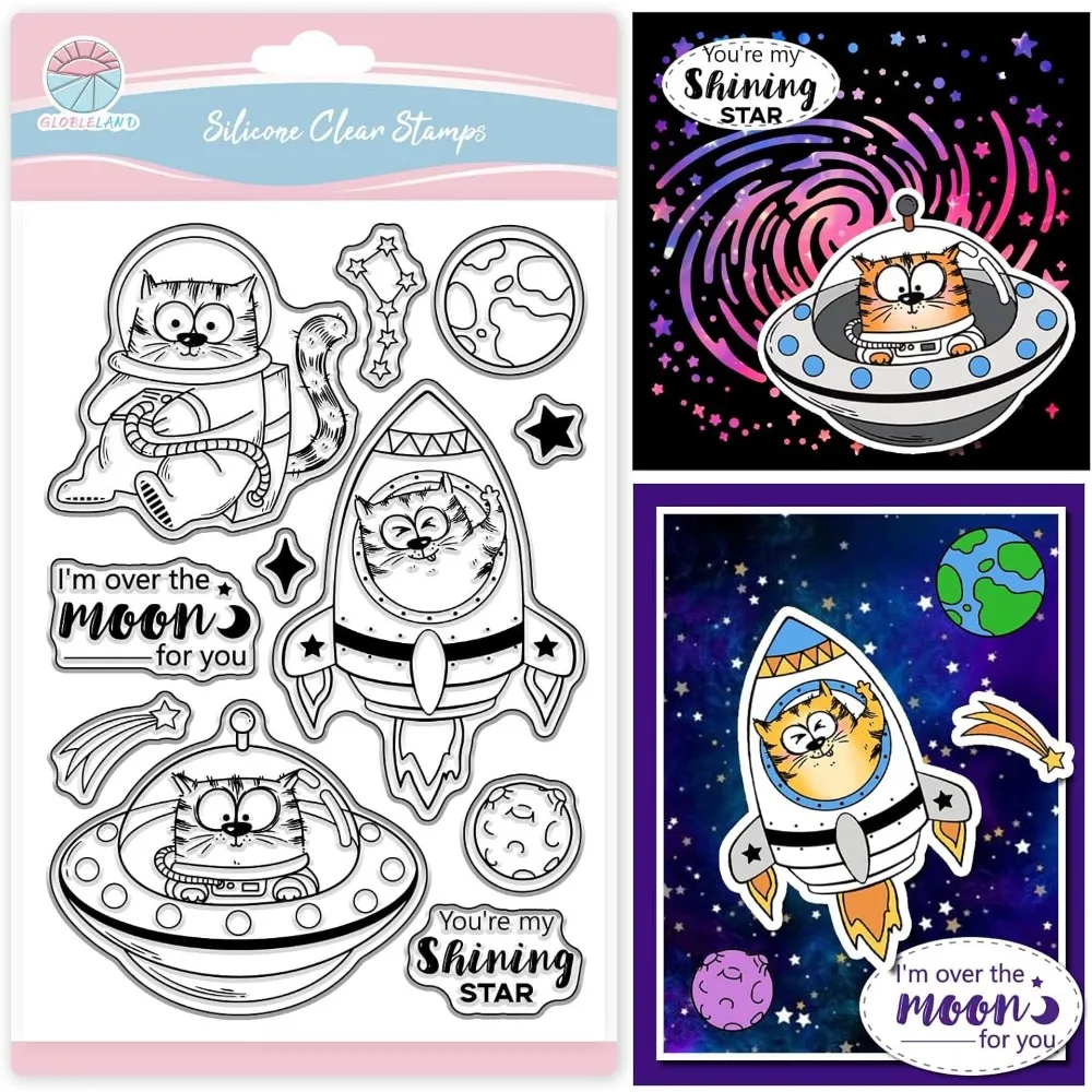 Sello transparente de gato cómico espacial para álbum de recortes, sellos de silicona de gato de dibujos animados, sello transparente de planeta meteoro para hacer tarjetas DIY