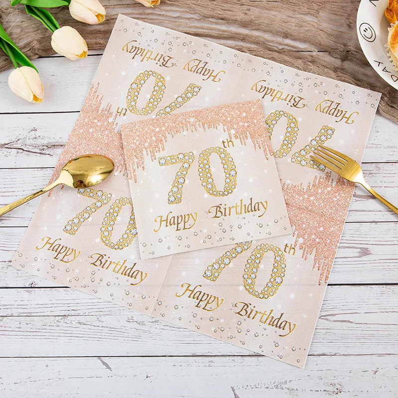 20Pc Rose Gold Number 40th 50th 60th 70th Years Old Disposable Paper Napkins for Women Happy Birthday Party Tissue Decoration