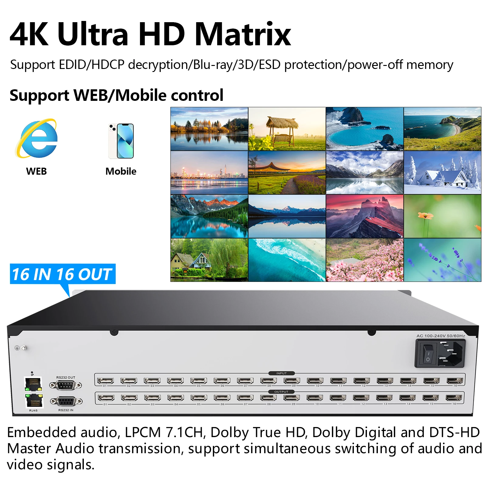 

Matrix Switch 16x16 4K 30Hz 1080P120Hz Profesional Matrix Switch Splitter For HDMI 16 In 16 Out HDCP Blu-ray 3D WEB/Panel/Remote