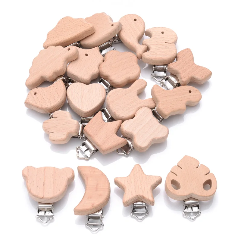 5Pcs Wooden Pacifier Clip Beech Wooden Animal Natural Dummy Clip DIY Baby Pacifier Chain Teether Toys Accessories BPA Free