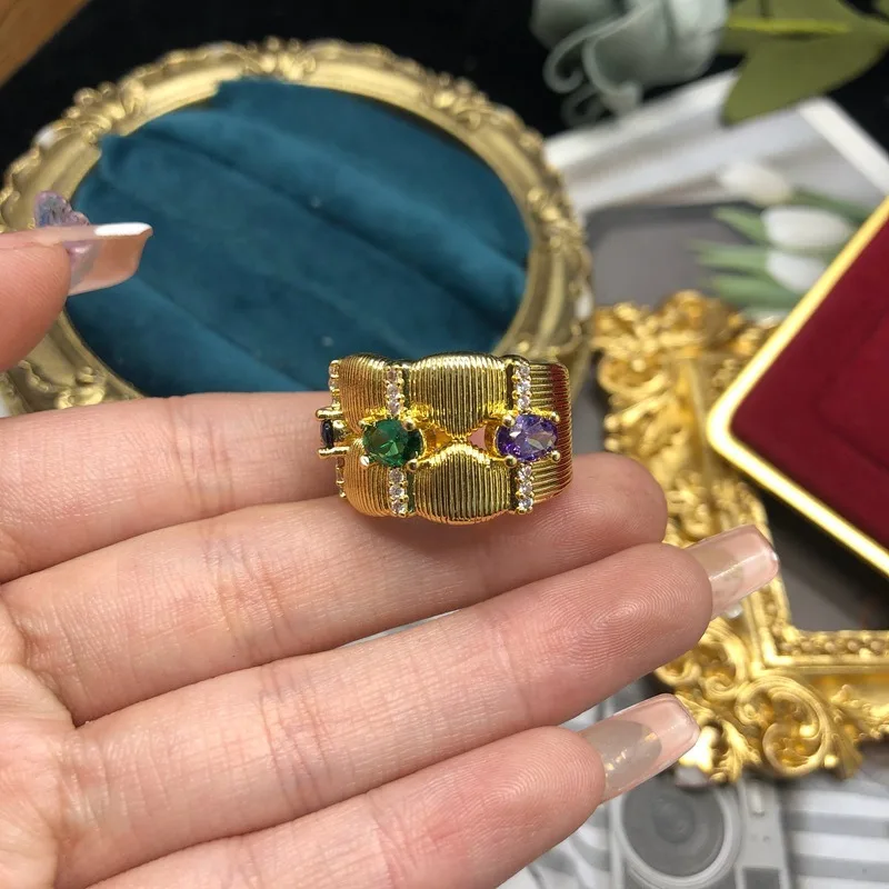 

Medieval Retro Copper-plated Real Gold Open Ring with Gemstone Ring, Classic Retro Ring Versatile