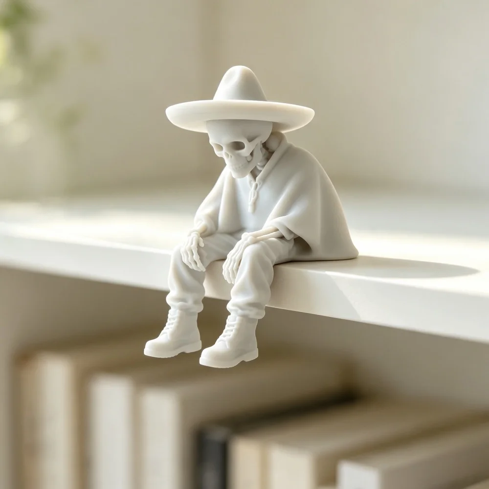 3D Printed Unique White Sitting Skeleton Figurine With Wide Brim Hat Decorative Character Sculpture For Shelf Office Desk