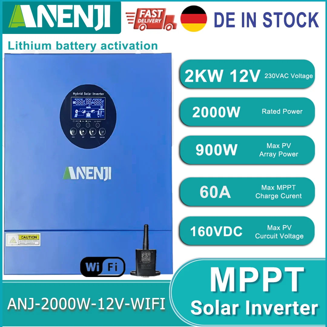 2KW 12V off-Grid Solar Inverter Pure Sine wave Lithium Battery Activated MPPT 60A Solar Controller PV 160VDC With WIFI