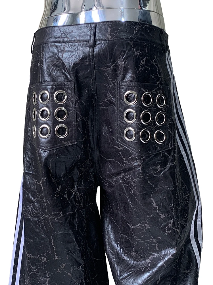 

Lautaro Autumn Long Black Faux Leather Wide Leg Pants for Mens with Side Stripes Holes Luxury Emo Streetwear European Fashion