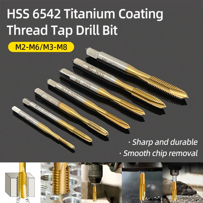 Mata bor keran ulir mesin HSS 6542, alat tangan seruling lurus keran mesin sekrup metrik Titanium HSS/M2.5/M3/M3.5/M4/M5/M6/M8