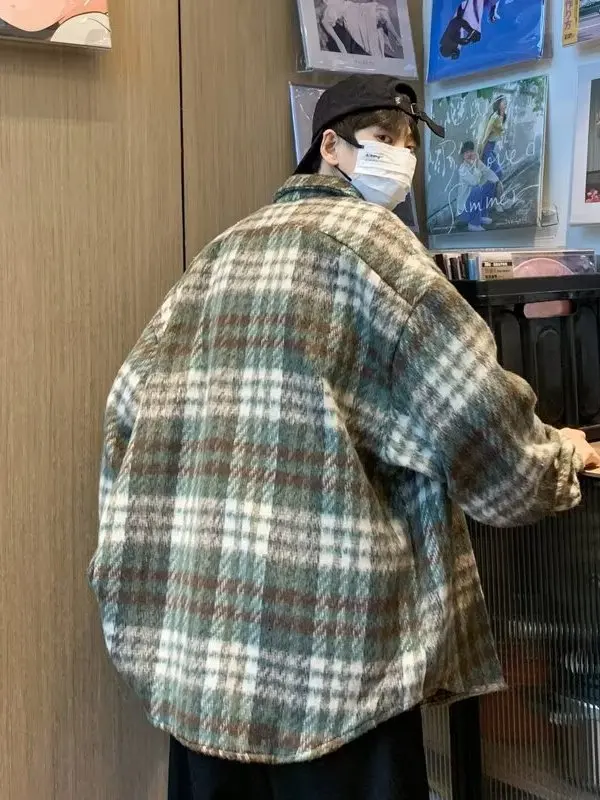 

Men's Plaid Woolen Jaet Loose Fit Turn-down Collar Button Decorated Anti-wrinkle Polyester Youth Casual Wear Spring Autumn