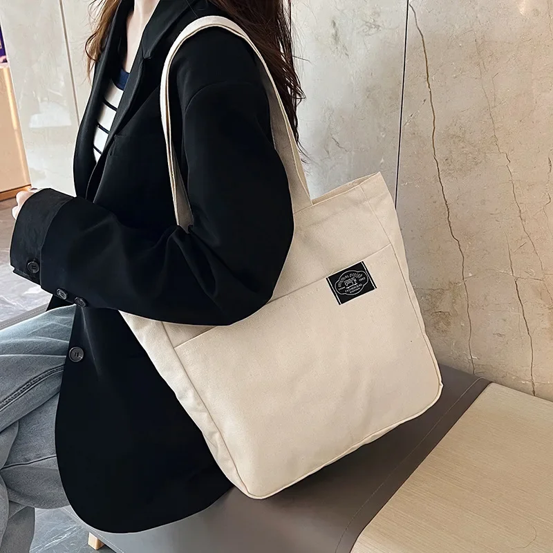 Women Canvas Tote Bag Solid Color Designer Ladies Casual Handbag Shoulder Bag Large Capacity Cotton Reusable Shopping Beach Bag