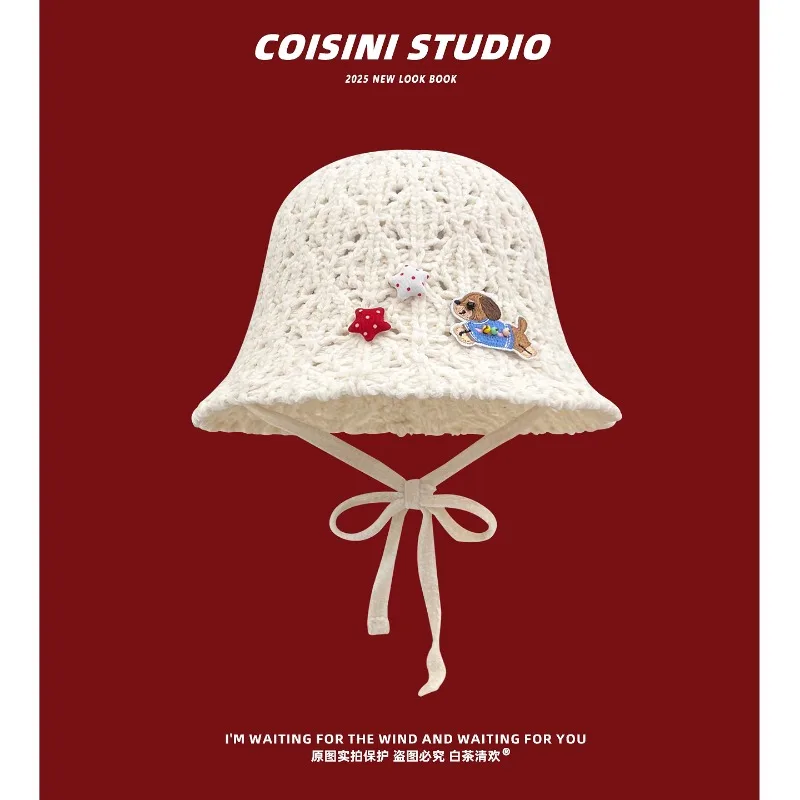 

New Cute Puppy Patch Design Strap Bucket Hat Children Spring and Autumn Vacation Sweet Hollow Breathable Foldable Sun Cap