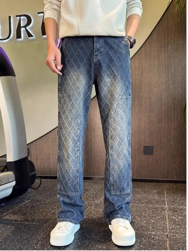 

Свободные джинсовые джинсы в клетку, мужские весенне-осенние модные брендовые повседневные брюки, расклешенные молодежные брюки с прямыми штанинами на молнии Fly