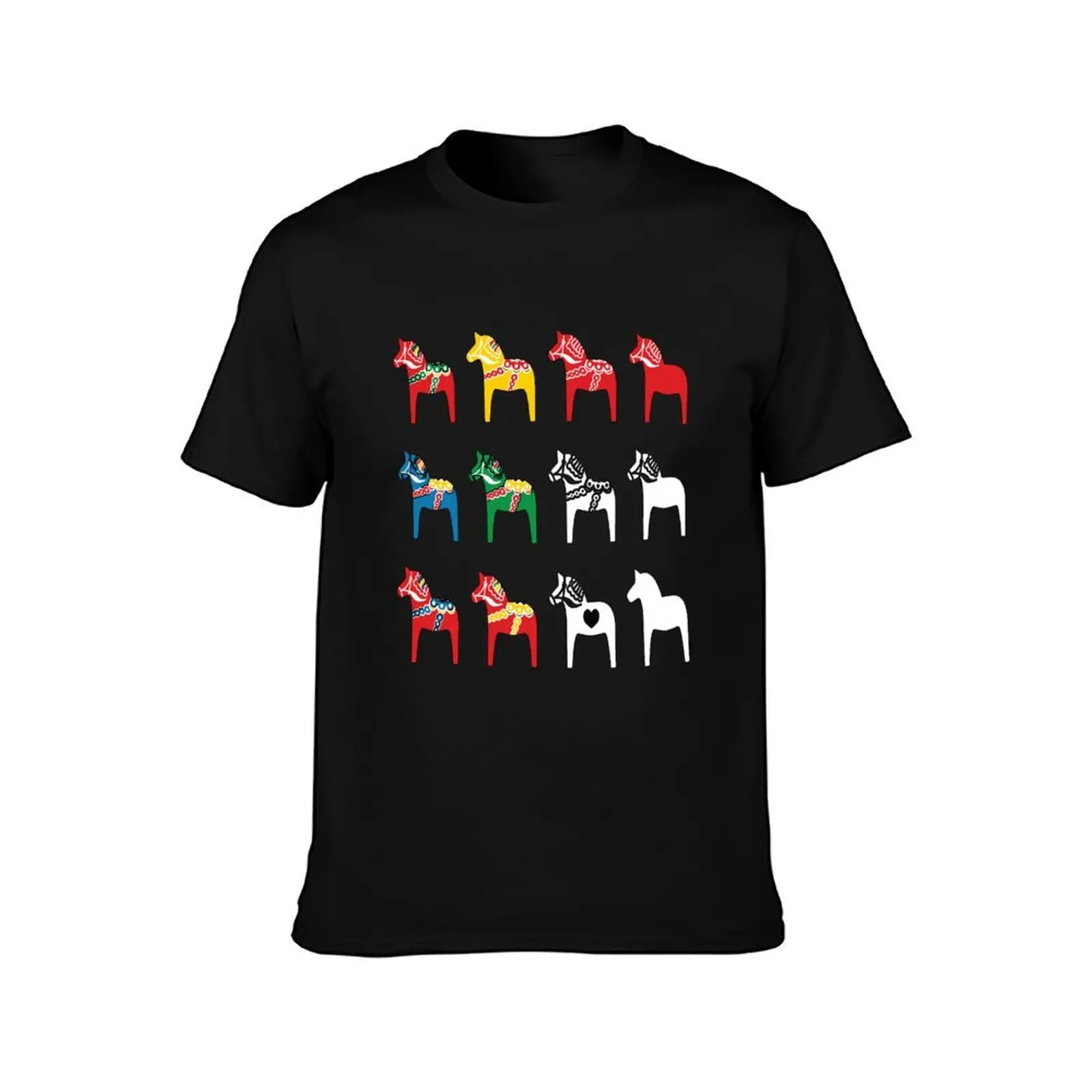 Dala Horses Dalarna Sweden Horse Dalecarlian Swedish Colorful T-Shirt, Summer Casual Cotton Tee, Oversized Streetwear Tops