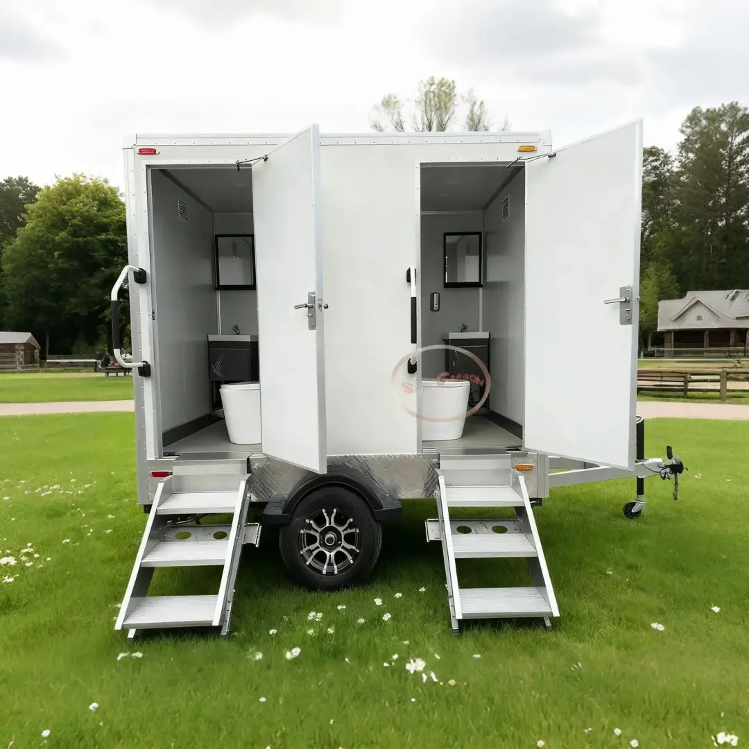 

Outdoor Mobile Toilet White Box Dual Independent Cubicles with Silver Metal Edges Washbasin Mirror Hand Sanitizer Included