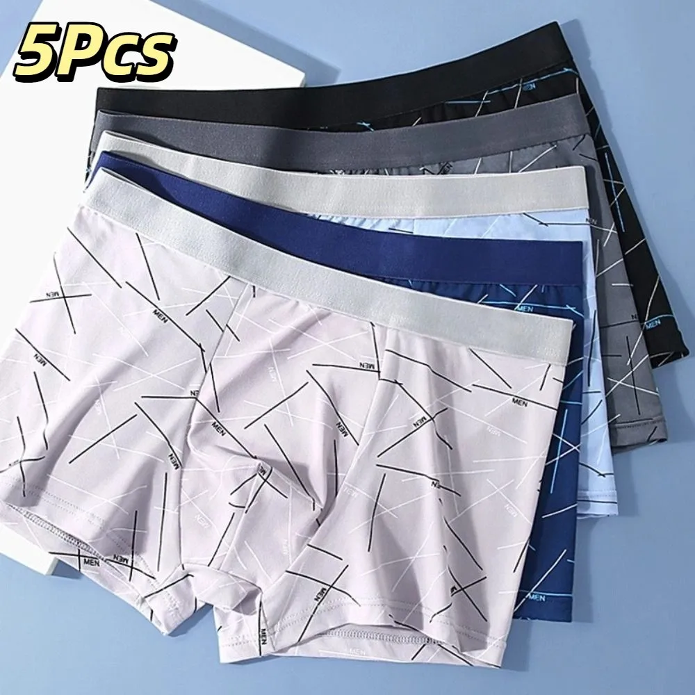 

5Pcs Stripe Letter Men's Flat Panties Mid Waist Seamless Simple Boxers Shorts Large Size Underpants Men's Underwear Male/Boys