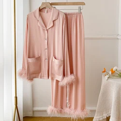 Luxury Feather Pink Bride Wedding Sleepwear Gift Spring Autumn Female Pajamas Trouser Set Sexy Loose Satin Home Wear Loungewear