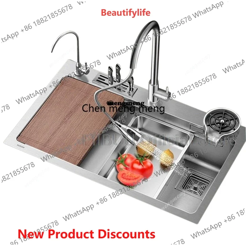 03 304 Stainless Steel Kitchen Sink Large Capacity Single Bowl Multifunctional Vegetable Workstation Wash/Cut/Drain in One Full