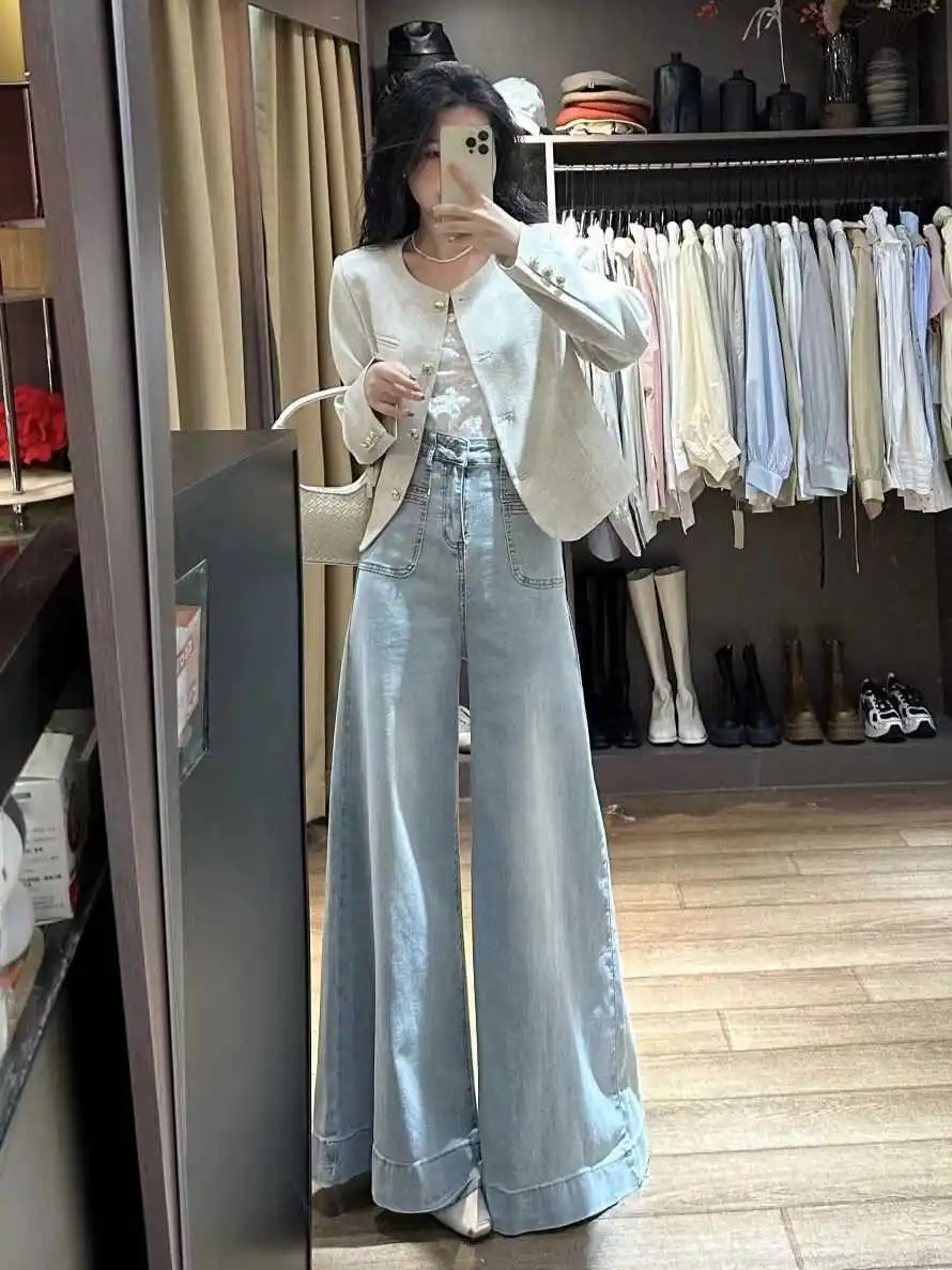 

Лето 202, женские свободные широкие джинсы с высокой талией, прямые джинсовые брюки, винтажные длинные брюки для молодых взрослых