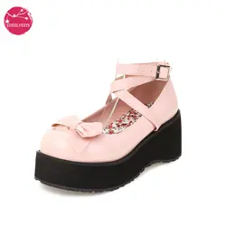 Plus Size Wedges Lolita Shoes High Platform Sweet Bow Ankle Strap Cosplay Party Pumps Spring Autumn Fashion Wear Pink Black