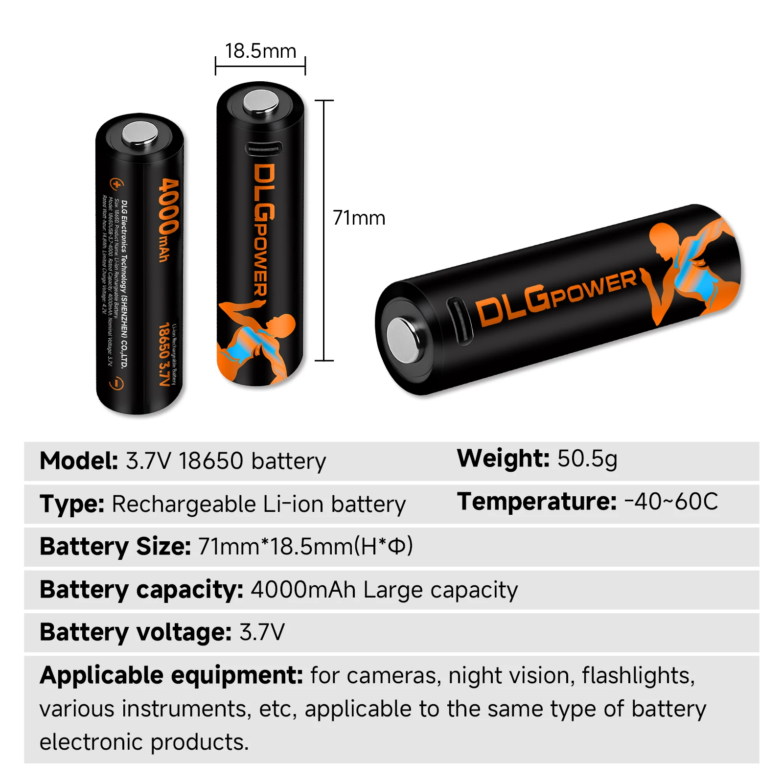DLGPOWER USB Rechargeable Li-ion Batteries 18650 Battery 3.7V 4000mAh with Type-C for Flashlight Microphone Fan Electric Razor