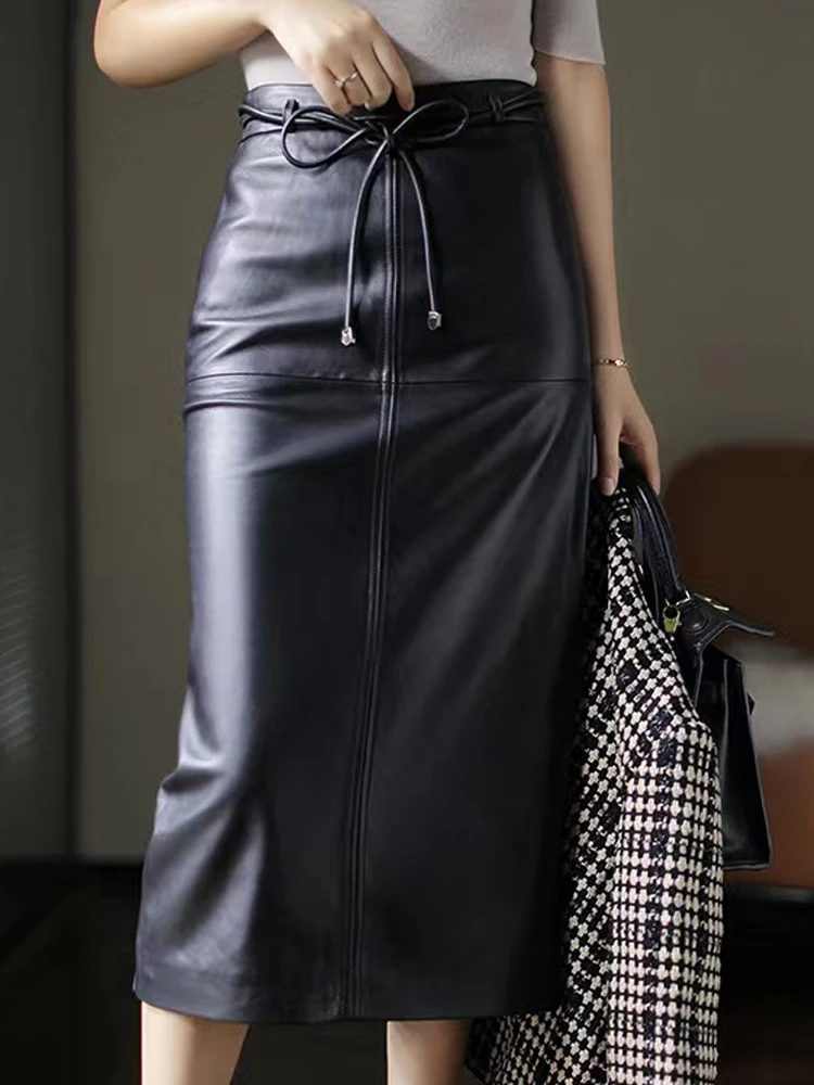 Leather Wrap Skirt For Women Imported Sheepskin Mid Length Faldas Mujer OL Commuting Straight Split Back Lace-up Long Saia