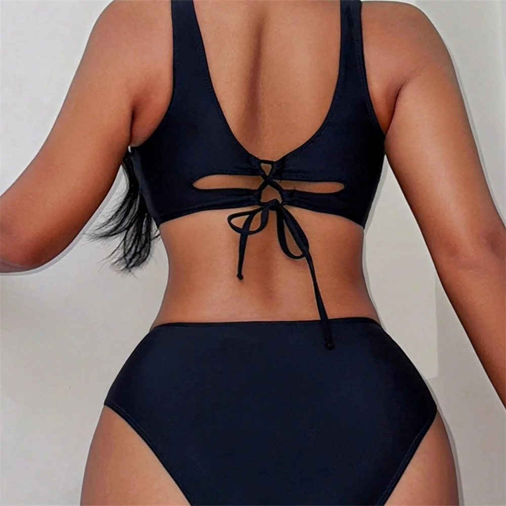 Sexy Black Bikini White Y2K Patchwork Drawstring Backless Tankini Swimsuit Push Up Vacation Swimwear Women Beach Swimming Outfit