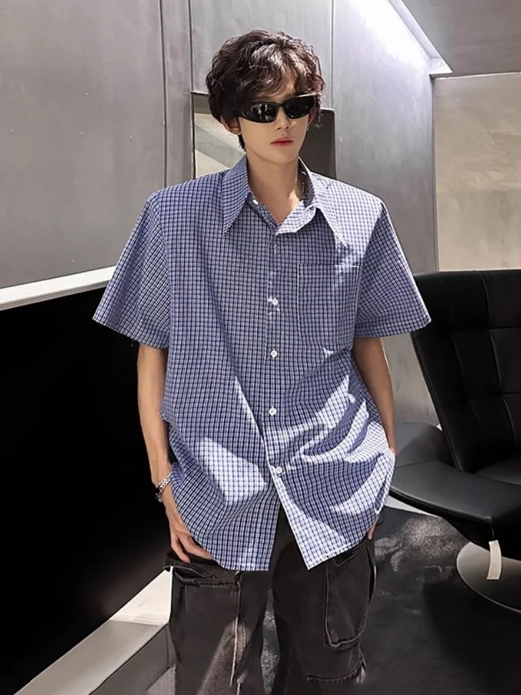 

Мужская летняя хлопковая рубашка с коротким рукавом и синим клетчатым узором, в американском ретро-стиле, для пар, с эффектом охлаждения, высококачественная.