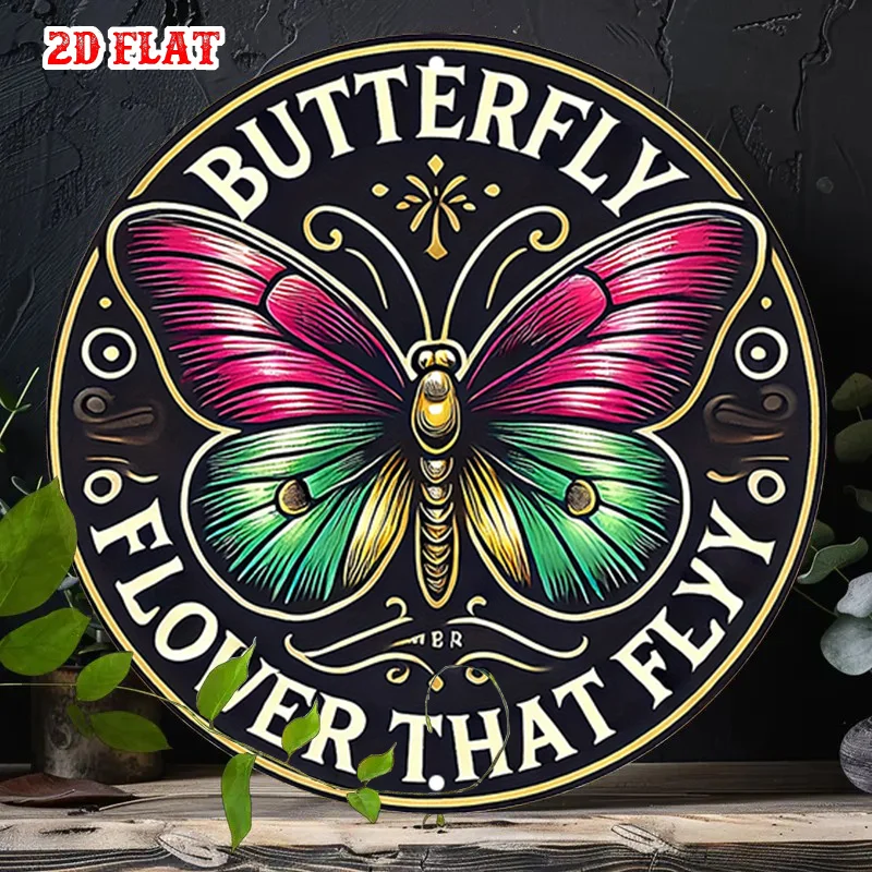 2D Flat - One-Piece Round Aluminum Sign with a 2D Flat Iconic Design, Featuring a Colorful Butterfly. Measuring 7.87 Inches