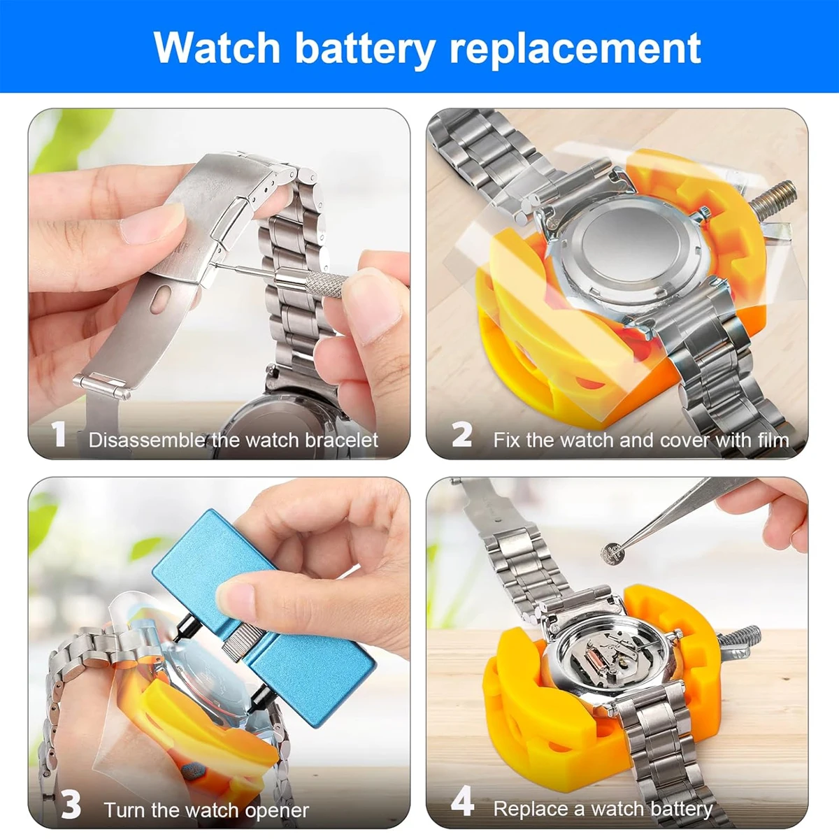 4Pcs/Set Watch Battery Replacement Kit Wrench Back Remover for Rotate Open Cover Case Opener Watch with Watch Back  Remover