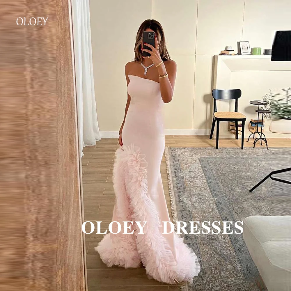 

OLOEY Elegant Pink Mermaid Evening Dresses Ruffles Split Strapless Arabic Women Wedding Party Dress Prom Gowns CUSTOMIZED