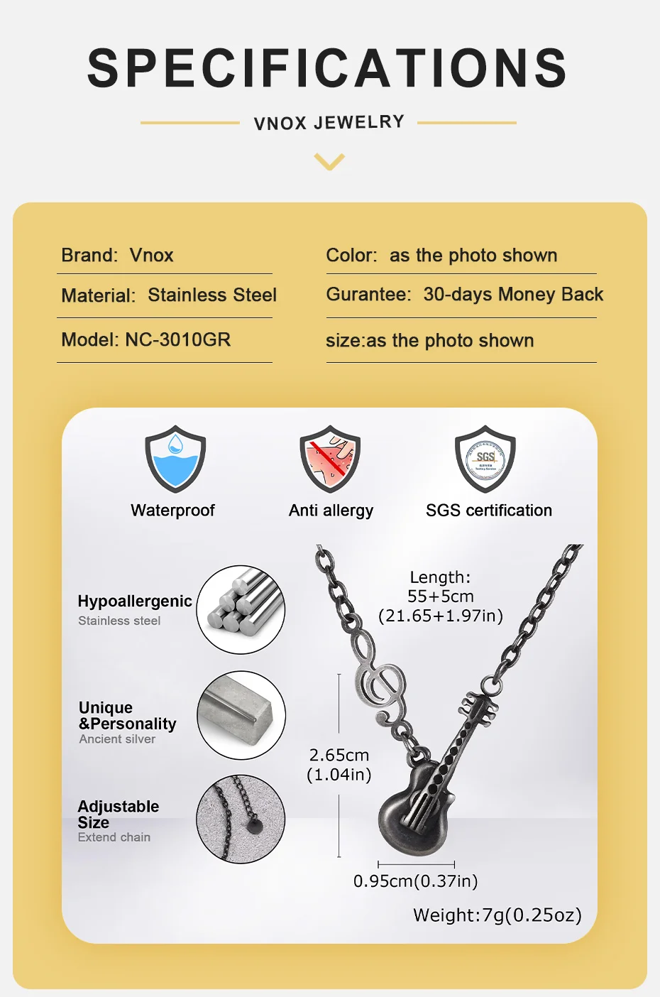 Vnox Gitarren-Halskette für Männer, Edelstahl Vintage Grau Musiknoten-Anhänger Halskette Rock Hip-Hop Schmuck Geschenk für den Alltag – Detail 4