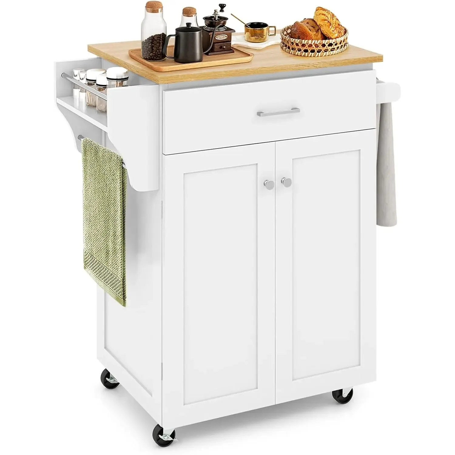 Rolling Kitchen Island, Kitchen Trolley Cart with Spice Rack, Large Drawer, Towel Rack, Storage Pantry Cabinet (White)