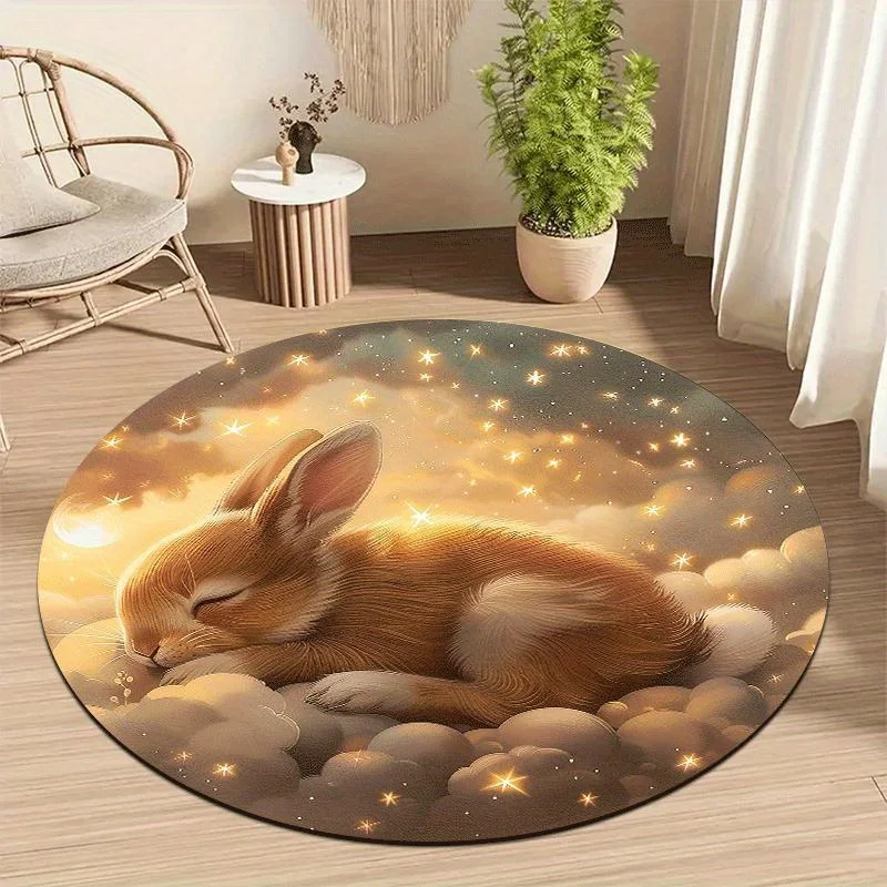 1pc Adorable Sleeping Bunny Round Floor Mat Machine Washable, Serene Cloud & Starry Night Design with Sparkling Stars, Lightweight Home Decor for Living Room Bedroom, Perfect Gift for Home Decor