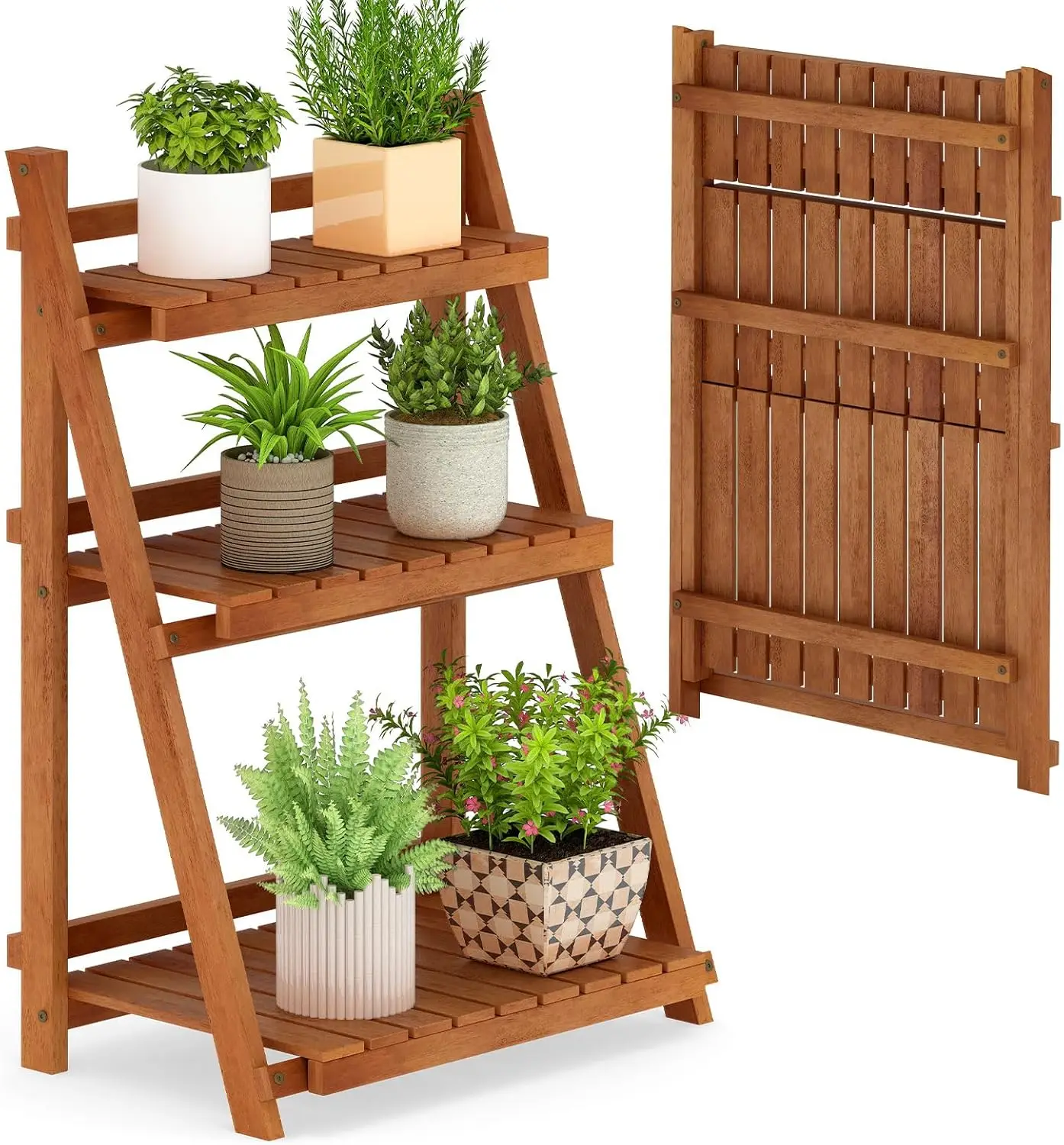 

3-Tier Foldable Ladder Plant Shelf, Solid Wood, Indoor/Outdoor Display Rack, No Assembly Needed, Space-Saving