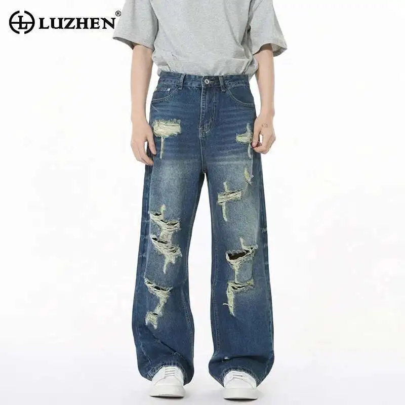 

LUZHEN 2025 New Original Personalized Broken Hole Design Straight Jeans Men's Stylish High Quality Wide Leg Denim Pants LZ9879