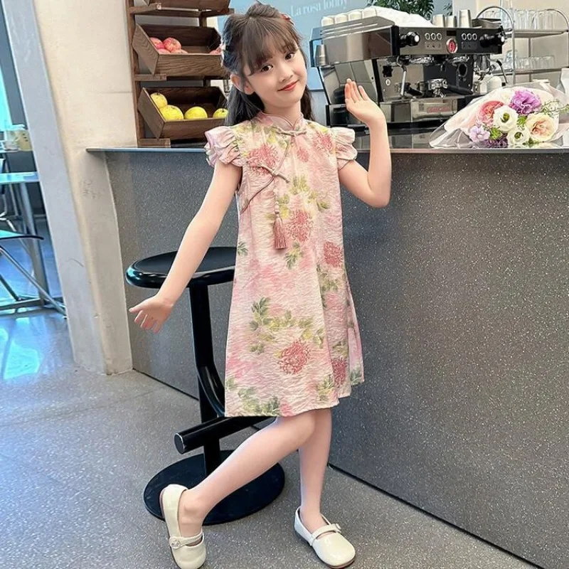 2025 여름 새로운 Vinatge 중국어 Qipao 꽃 소녀 드레스 당나라 정장 아동 의류 키즈 Hanfu 꽃 인쇄 Cheongsam for Girls 4