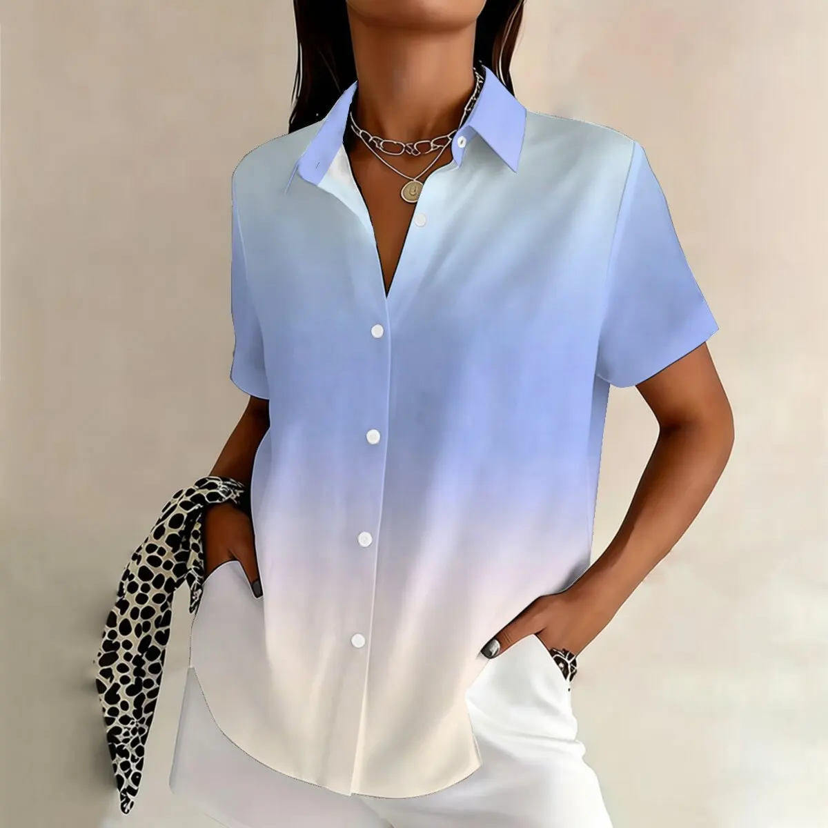 

Simple and personalized gradient color printed summer women's plus size lapel short sleeved shirt, daily versatile top