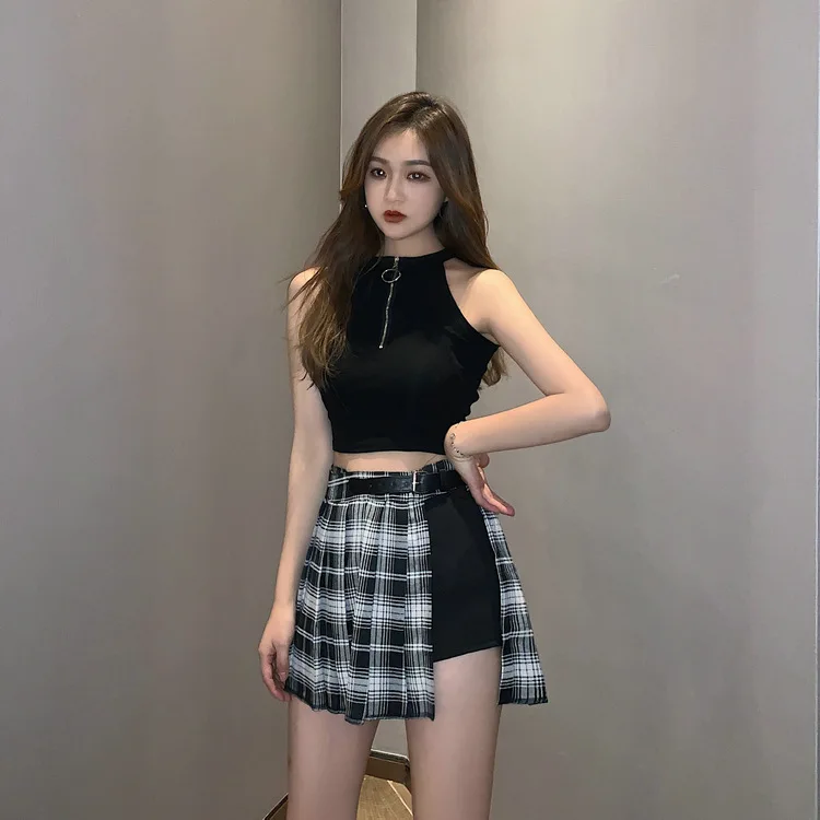 Womens Casual Mini Skirt All Match Women Short Skirt Fashion Tartan Red Pleated Skirts Streatwear plaid Side Button skirt