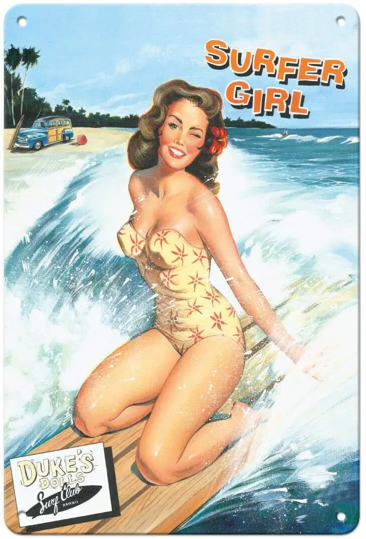 Vintage Metal Tin Sign Surfer Girl - Surfing Pin-Up Girl Home Bar Kitchen Wall Decor Plaque Sign