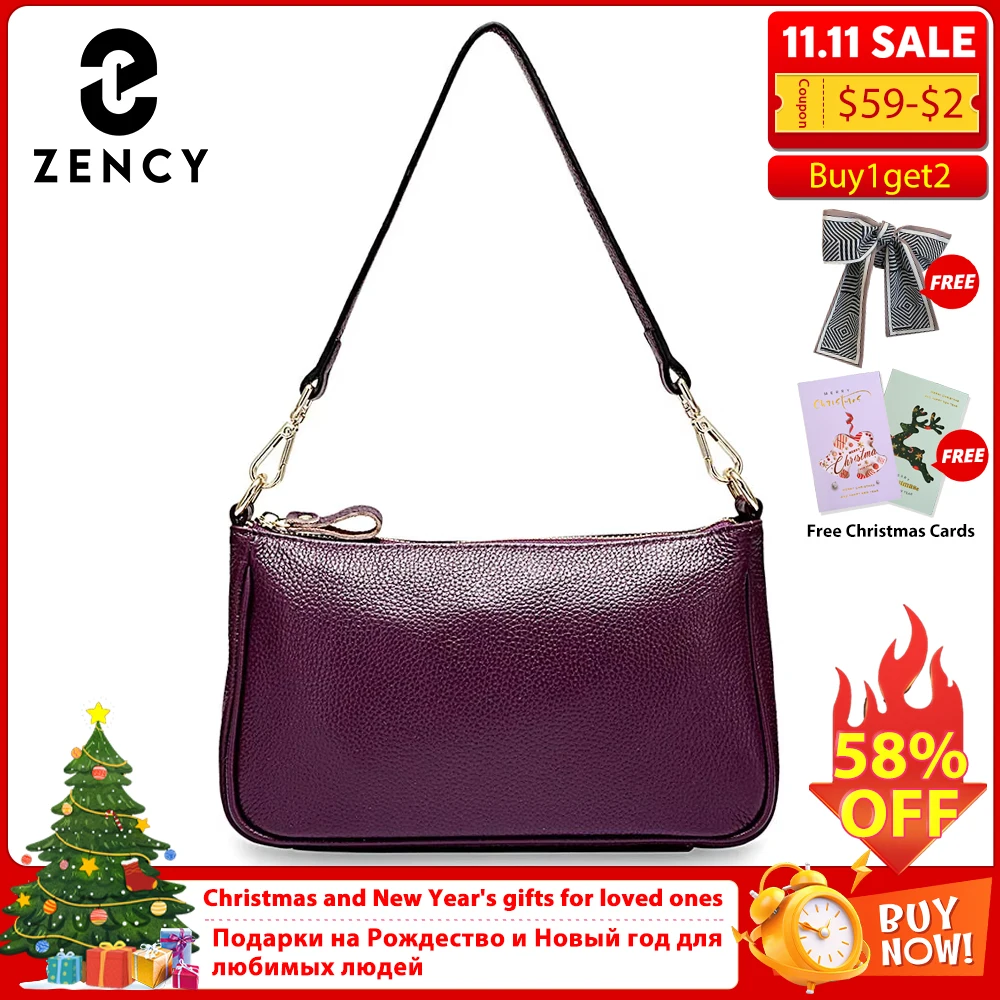 

Zency Elegant Purple Women Shoulder Bag 100% Genuine Leather Handbag Black Hobos Fashion Lady Messenger Crossbody Purse Small