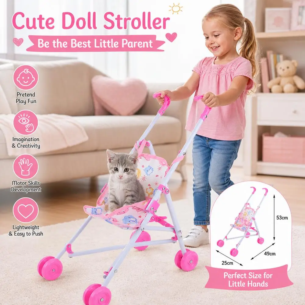 Plastic Play Toys Doll Handcart Pretend Play Foldable Stable Doll Stroller Toddler Learning Toy Girls' Imagination Booster
