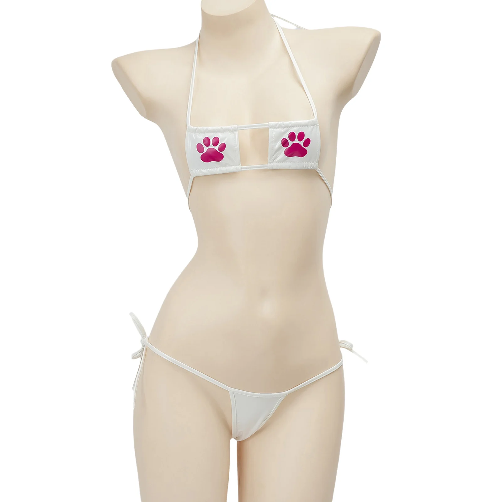 

Women Sissy Lingerie Bra Set Cat Paw Printed Halter Bra Tops with Side Tie T-back Thong Set for Dating Erotic Nightwear