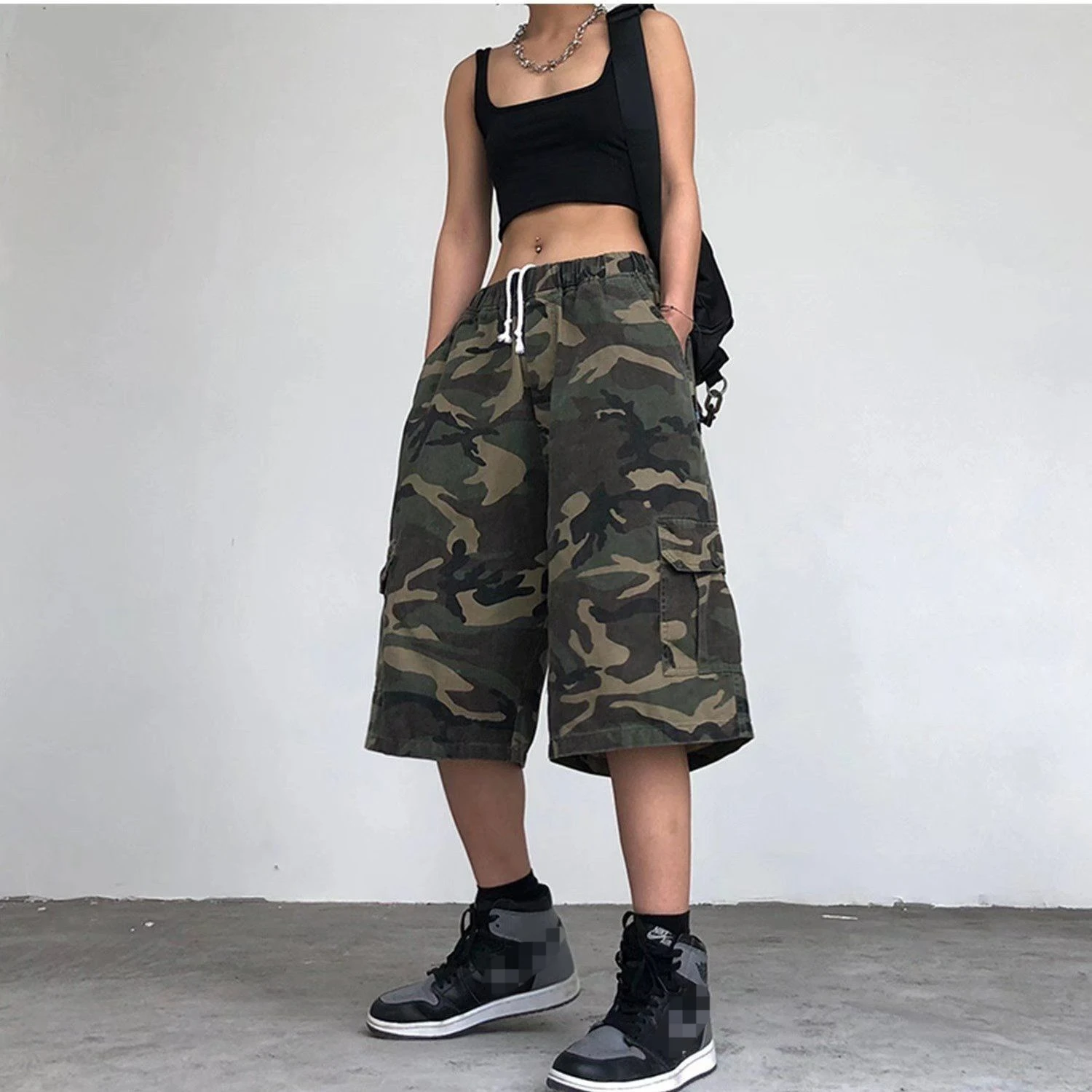 Shorts Men Clothing Loose Street Camouflage Wide-Leg Elastic Waist Casual Versatile Below The Knee Shorts Knee Length Summer