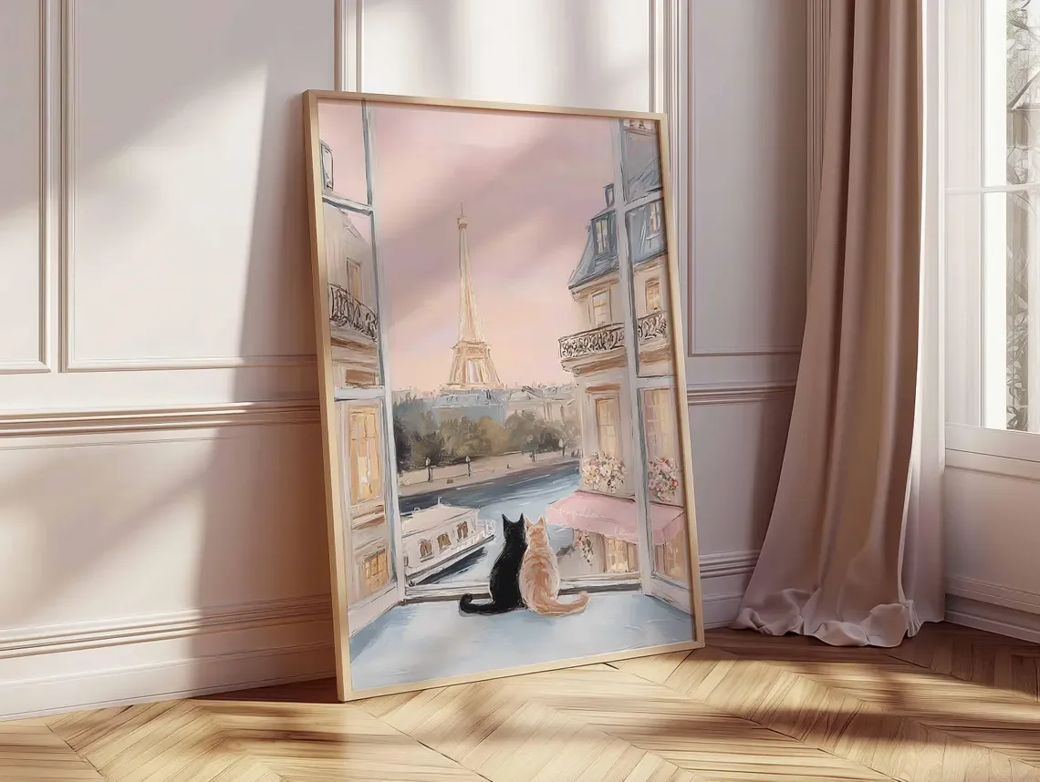 Paris Cat Wall Art Print, Eiffel Tower Window View Poster, Romantic French Apartment Decor, Whimsical Paris Cats Illustration view 4