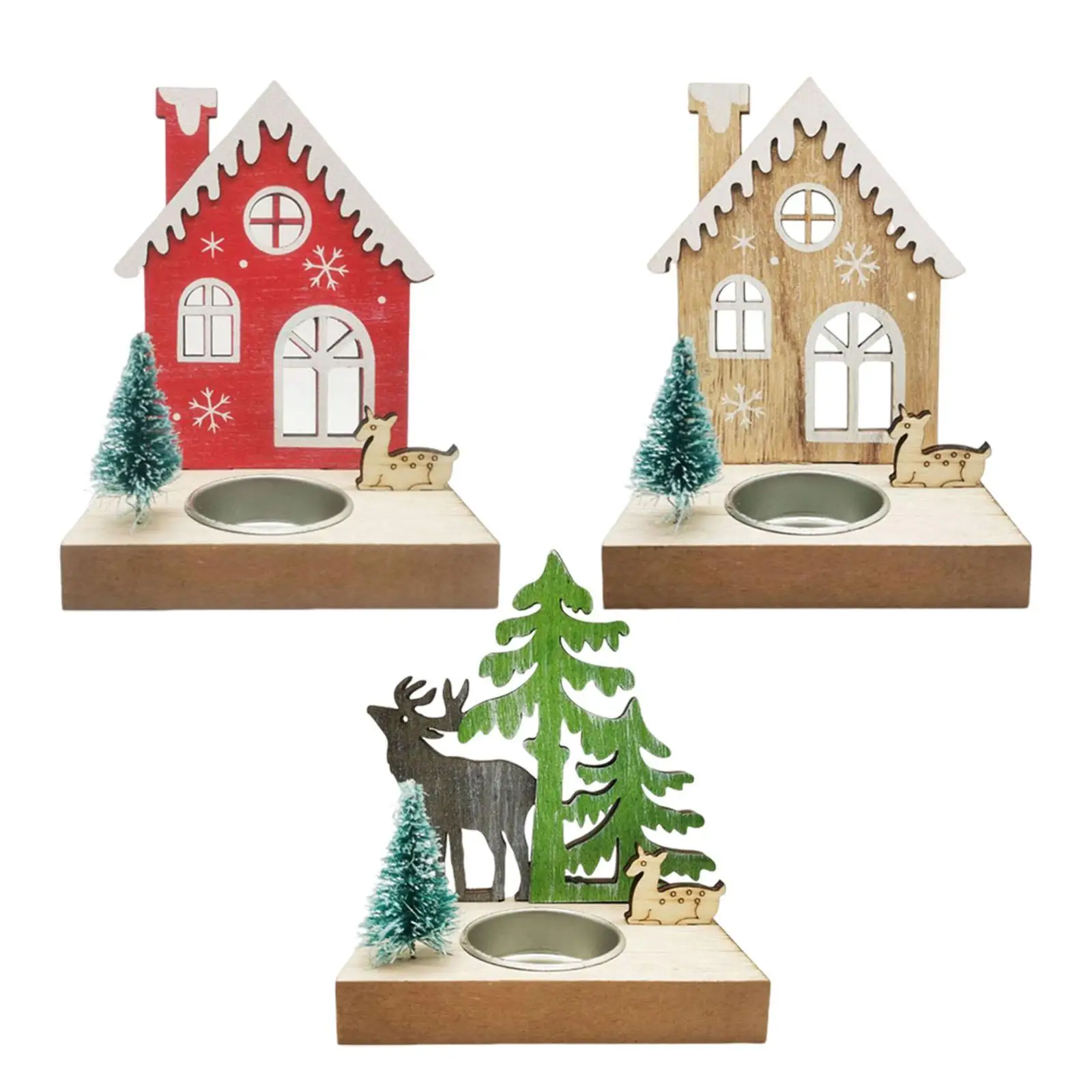 Christmas House Scene Candle Holder Wood Frame for Fireplace Rustic 10.3x6.8x13.3cm Multipurpose Handmade Candlestick Holder