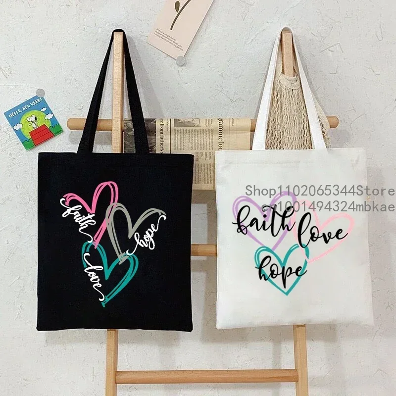 Sac fourre-tout en toile pour femme avec motifs de cœurs imprimés Faith, sac de shopping décontracté et tendance, sac de rangement, sac à main, cadeaux chrétiens