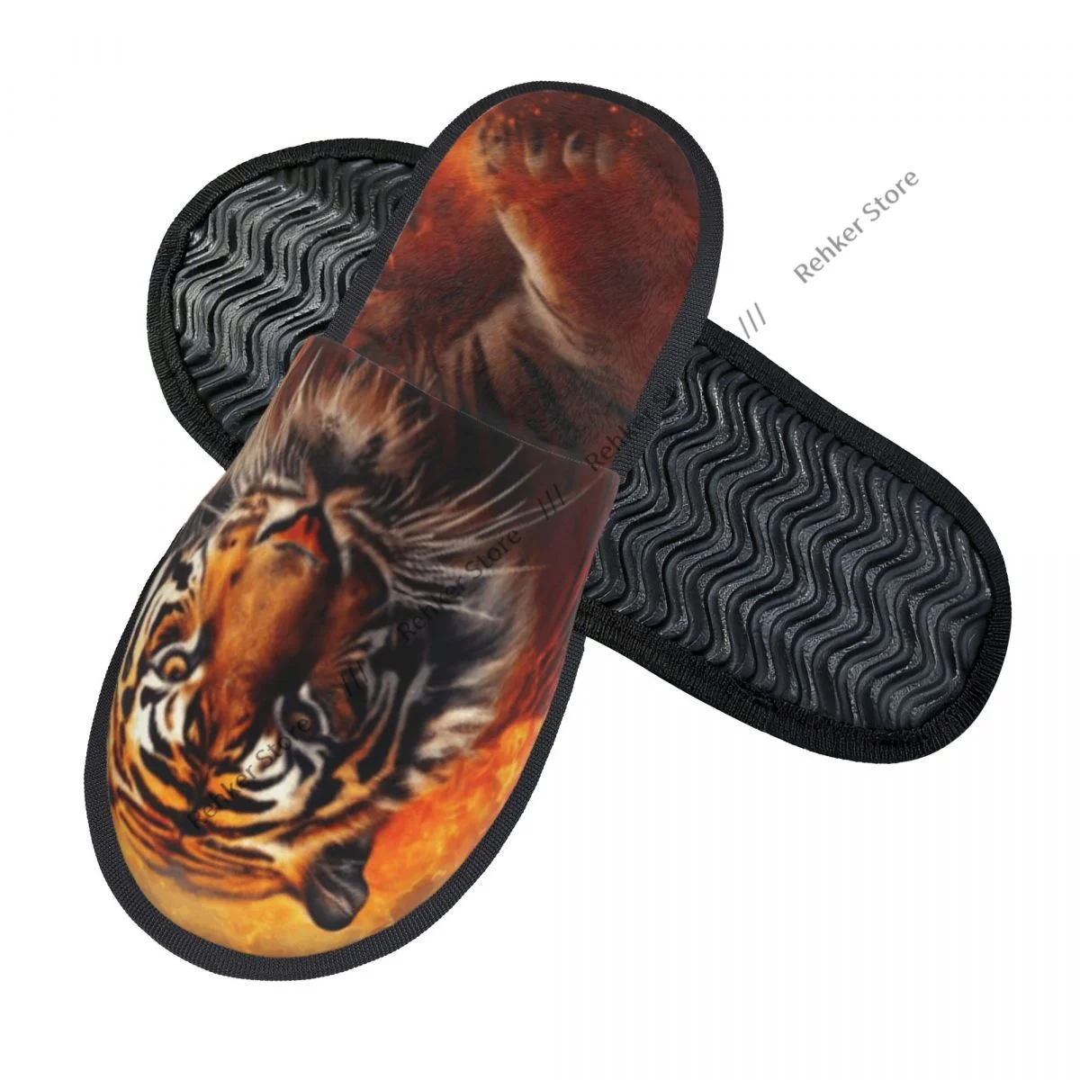 Fierce Tiger With Blazing Flames Indoor Slippers Furry Slipper Winter Home Shoes House Flat Closed Toe Slides Flip Flops