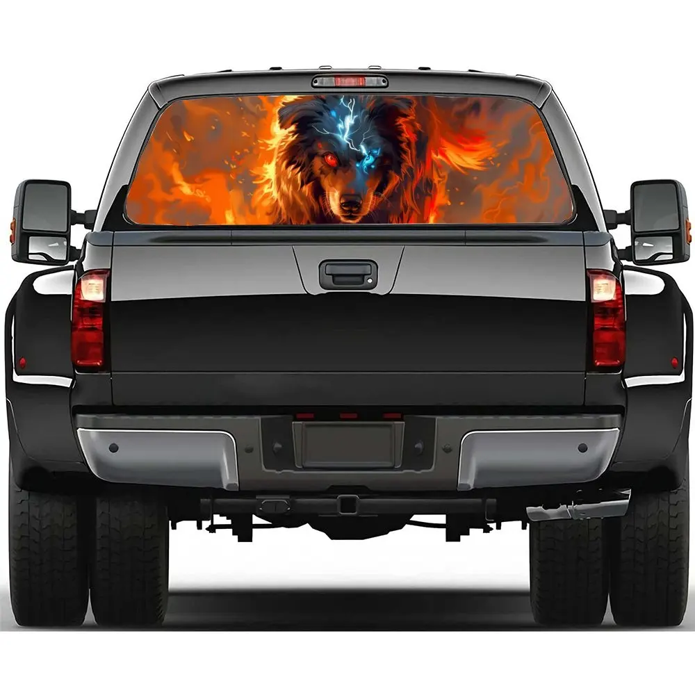 

Flame Dog with Lightning Eyes Car Rear Windshield Sticker Truck Window See Through Perforated Back Window Vinyl Decal Decoration