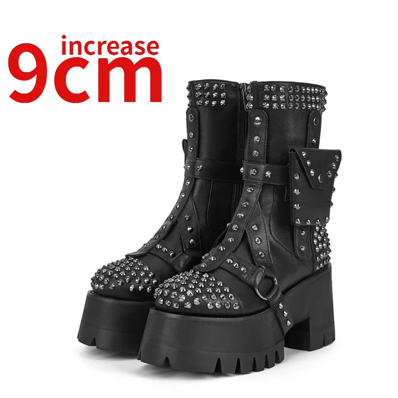 

Street Style Design Motorcycle Boots Shoes for Women Increased 9cm Rivet Casual Boots Waterproof Platform Thick High Heels Shoes