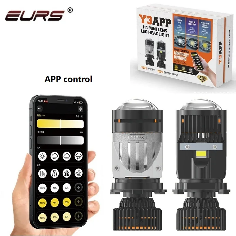 

EURS Y3 APP H4 LED Headlights Car H4 Mini Projector Lens 3000K-6000K Arbitrary Dimming Wireless App Control Hi Low Beam Bulb
