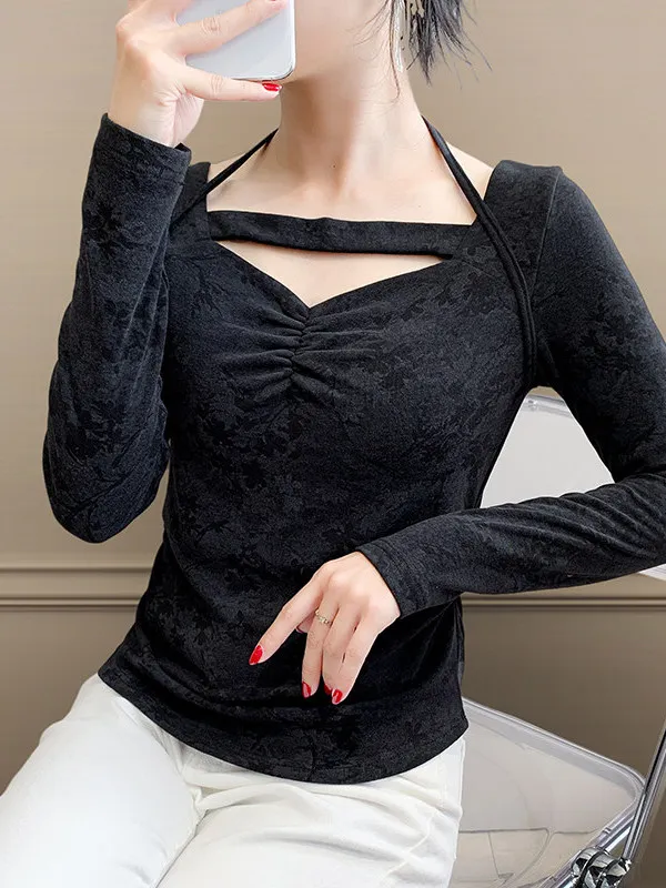 Elegant Long Sleeve Printed Hollow out Base Shirt Women's Fashionable Autumn Winter Inner Wear Top High-End Small Audience